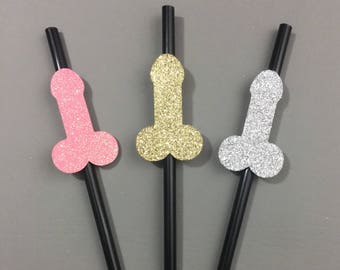 10+ Bachelorette Party Glitter Penis Straws - Party Decor - Wiener, Last Fling before the Ring, Dirty Thirty - Pink Gold Silver Black Blue