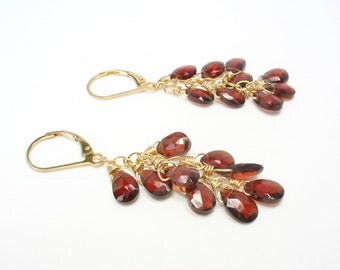 Garnet Earrings, Leverback Earrings,Cascade Earrings, Cluster Earrings, Garnet Gold, Red Gemstone, Briolette Earrings, Garnet Jewelry