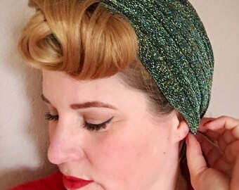 Vintage style turban - The "Lana" - 1940s style lurex sparkle glitter turbans, glamorous pin up style - FOREST GREEN