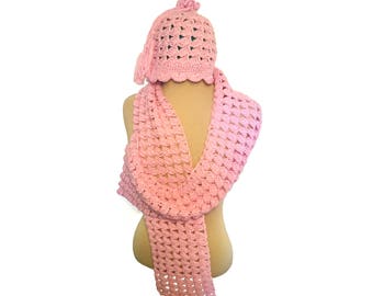 Crochet scarf and beanie set, winter curly tassel hat and scarf set, pretty pastel pink, flower pattern, children toddler to 12