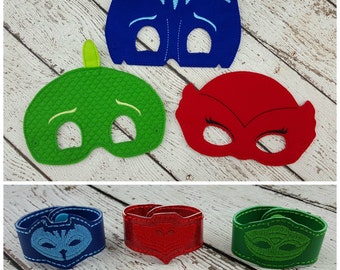 Ready to ship Set of 3 Bedtime Hero Felt Mask and Bracelet Set - Catboy - Owlette - Gecko -Party Favor