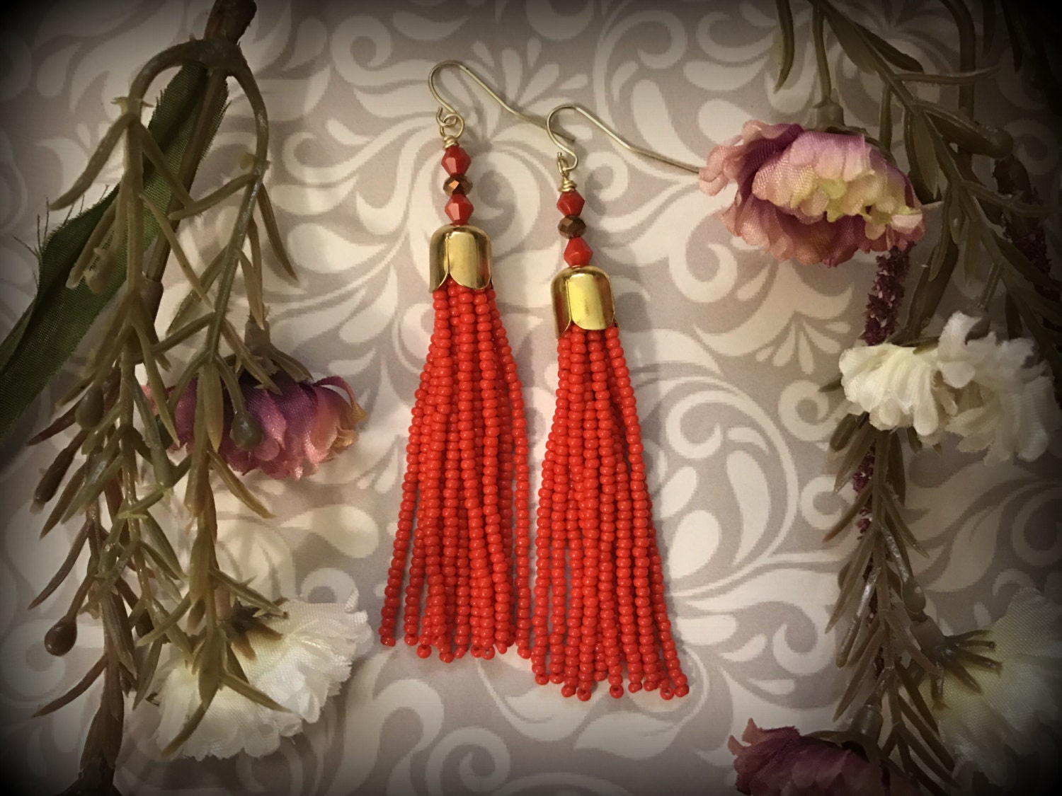 Red Tassel Earrings beaded tassels seed bead earrings