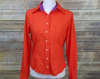 Tommy Hilfiger 90s TOMMY JEANS Orange Cropped Button Down Shirt Women's Size Large 10 | Vintage 1990s Clothing