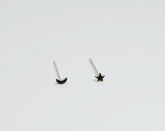 Moon and Star Sterling Silver Stud Earrings , Minimal Tiny Studs, Night Studs , Mismatched Studs, Couple Studs, Unisex , Men Earrings