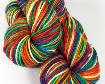 Hand Dyed Yarn, Superwash Merino Wool Yarn, Self Striping Sock Yarn, Fingering Weight Knitting Yarn - Juicy Rainbow Stripes