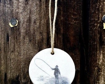 Round Fly Fishing Ornaments, Fly Fishing Christmas Gifts, Fly Fishing Gifts for Dad, Simple Christmas Ornaments, Clay Ornaments, Rustic Eleg