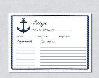 Recipe cards bridal shower / Nautical navy blue / Anchor / Beach themed / DIY Printable / INSTANT DOWNLOAD
