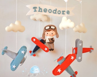 Airplane baby mobile Nursery mobile Cot mobile Crib mobile Felt Pilot Vintage plane Baby mobile boy Airplane nursery decor Baby shower gift