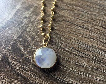 Moonstone Necklace - Gemstone Necklace - Pyrite wire wrapped Necklace - Moonstone Jewelry - Moonstone bezel set - Round Moonstone Necklace