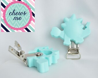 Blue dinosaur pacifier clip silicone toy carrier clip, dino paci clip, toy clip, metal pacifier clip, 100% FDA approved food grade