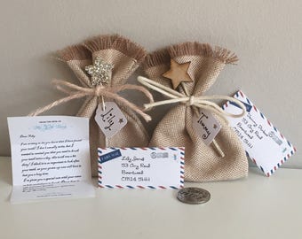 Miniature Tooth Fairy letter in envelope & personalised sixpence coin, first or any tooth. Sent in hessian bag, with choice of wand.