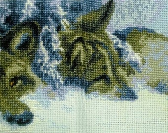 Counted cross stitch picture TWO WOLVES in snow Couple of grey romantic wolves embroidery Completed stitchery winter gift Home wall decor