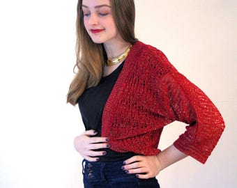 Garnet, 90s Glam Metallic Bolero, Red Gold Knit Shrug, Cropped Bolero Sweater, Cropped Metallic Sweater, Glitzy Red Bolero, Glam Red Shrug S