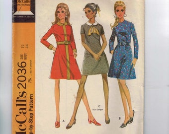 1960s Vintage Dress Pattern McCalls 2036 Misses A Line Dress with Peter Pan Collar Size 12 Bust 34 1969 60s