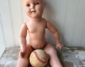 Vintage Ideal composition doll Shirley Temple doll jointed 18 inch jointed shabby bald as is