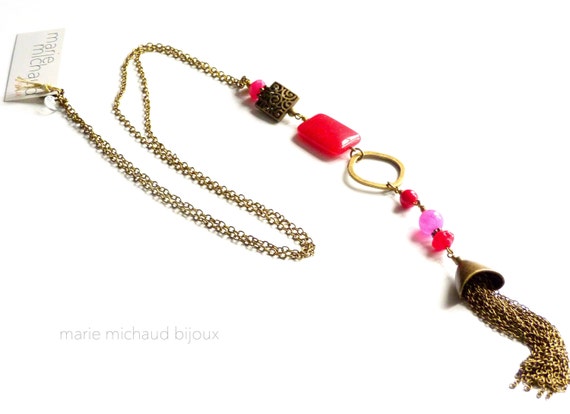 Red and pink necklace,Boho chic necklace,Tassel necklace,Hippie chic necklace,Boho style necklace,Boho jewelry,Red and pink,Colorful jewelry