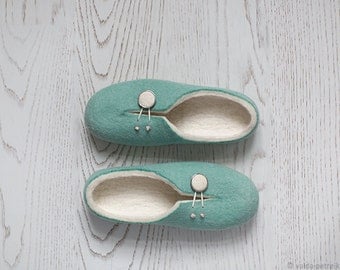 On sale Felted slippers for women US 10, EU 40.5-41 Teal mint ivory white clogs Last minute gift Express shipping included
