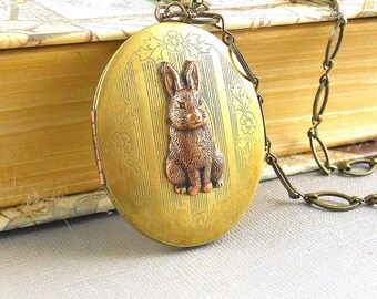 Large Rabbit Locket, Locket Necklace, Rabbit Locket, Locket, Rabbit Necklace, Easter, Bunny Necklace,Vintage Brass Locket Frank