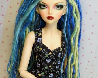 BJD Wig Minifee size 7 Dreadlocks Dreads Blue Aqua Light Green with Flower MSD 1/4 size ooak