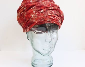 Vintage 60's Floral Turban Hat/ Red Pink 1960s Beehive Hat/Saks Fifth Avenue