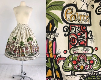 Vintage 50s Saul Steinberg Novelty Print Skirt Tin Horn Holiday Las Vegas Cowboys Catseye Glasses Palm Tree Classic Car cotton vlv casino S