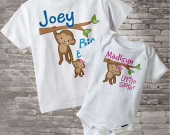Big Brother Little Sister Shirt set of 2, Sibling Shirt, Personalized Tshirt with Cute Monkeys 01292014g
