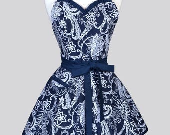 Sweetheart Pinup Womans Apron - Nautical Indigo Blue White Paisley Retro Vintage Inspired Flirty Ruffled Kitchen Apron with Pockets