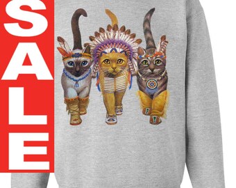 CAT SWEATSHIRT INDIANS unisex pullover crew neck -- s m l xl xxl xxxl skip n whistle