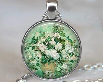 Pink Roses Van Gogh necklace, Van Gogh art pendant, Van Gogh Roses necklace, fine art pendant, flower pendant Van Gogh key ring, key chain