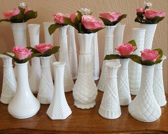 20 White Milk Glass Bud Vases, Wedding Decor Table Centerpieces - Lot 5 - Oak Hill Vintage