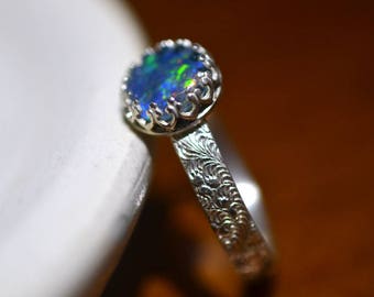 Blue Green Opal Ring, Customised Sterling Silver Feather Pattern Ring, 8mm Australian Opal Triplet Ring, Women's Engraved Cocktail Jewelry