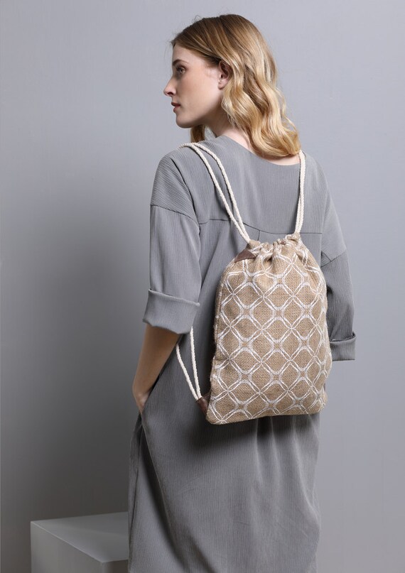 Drawstring Backpack Women's Printed Bag Jute burlap Boho