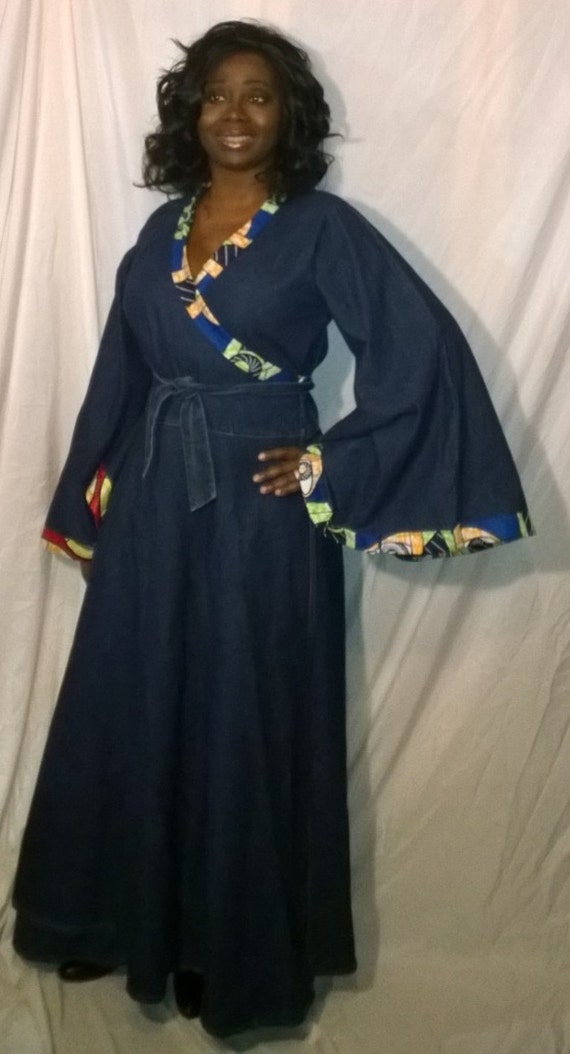 Holiday Wrap Dress Ankara and Denim Maxi Dress African Trim