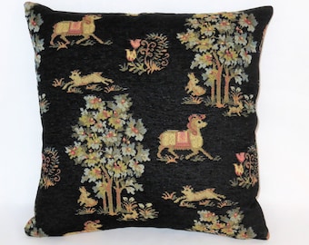 Horse Tapestry Pillow, Black Chenille Brocade, 17" Sq, Medieval Fairy Tale Motifs, Pony Trees Bunny Goat, Ready Ship