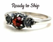 Ready to Ship - Blood Moon Garnet Ring with Crescent Moons and Black Diamonds - Moon Phase Engagement Ring - Gothic Gift