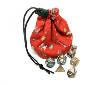 Red Drawstring Dice Bag - Dungeons and Dragons Fabric / D20 Pattern / Standing Cotton Fabric Dicebag / D&D Pattern Dice Pouch / Small Pouch