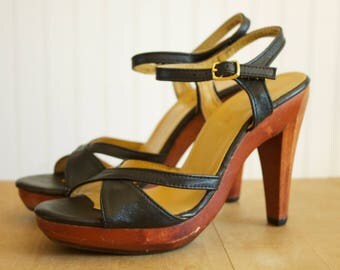 Vintage 1970's Black Cross Strap Peep Toe Ankle Strap Wooden Heeled Platform Sandals 7/7.5