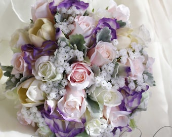 Romantic wedding bouquet Real touch and silk flowers Rose, tulip, lissianthus and babies breath. White, pink & mauve, shabby chic bouquet
