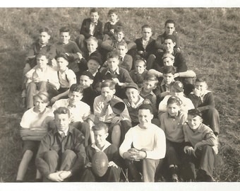 Vintage Snapshot "The Team" Football Team High School All-Boys Prep School Cheerleader Semaphore Jughead Hat Coach Black & White Found Photo