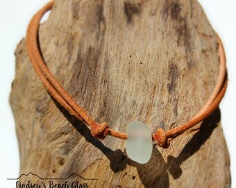 Hawaiian Clear Beach Glass on India Leather Cord Completely Adjustable & Stackable Bracelet