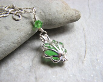 Sea Glass Locket Necklace, Green Beach Glass Jewelry, Sterling Silver Chain with Seaglass Pendant, Beach Gifts Under 30