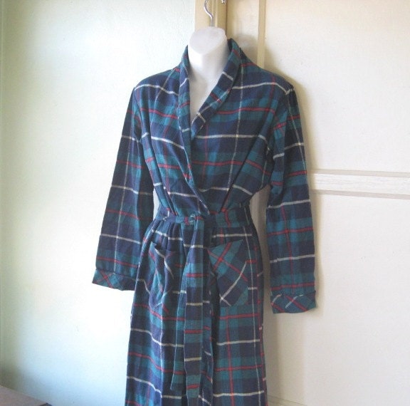 Unworn Vintage TealBlue Plaid Flannel Bathrobe Women's