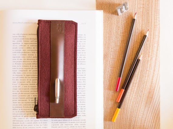 Felt and leather PENCIL CASE / sunglasses case / pen holder / burgundy case / wool felt / handmade / made in Italy