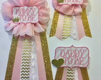 Pink and gold Baby Shower Pin Mommy to be pin Flower Ribbon Corsage Glitter gold glitter gold chevron mama mom mommy Baby Shower corsage