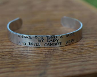 The Secret Garden - Where you tend a rose..." Metal Stamped Literary Quote Cuff Bracelet - Frances Hodgson Burnett