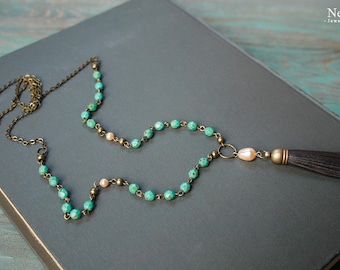 Leather tassel necklace Beaded boho necklace Long turquoise bead necklace Boho jewelry Pearl pendant necklace Bohemian jewelry by Ness Solo