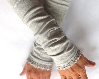 Arm warmers, fingerless gloves in grey lace top in grey