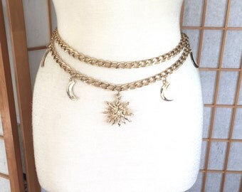 Vintage 80s Double Chain Belt with Dangling Flaming Sun and Moons