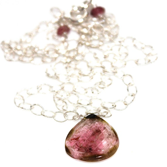 Carved Watermelon Tourmaline Teardrop Necklace Silver Necklace