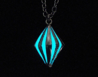 Tiny Caged Glow In The Dark Necklace Glow In The Dark Pendant Glow In The Dark Jewelry Antique Silver (glows aqua blue)